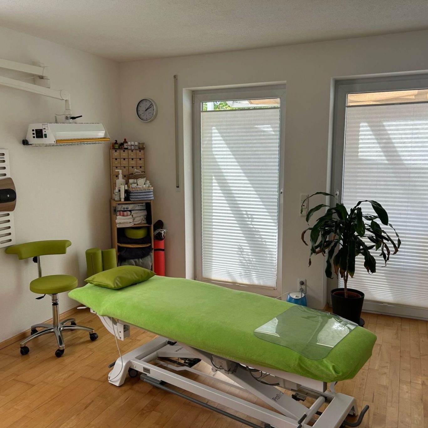 Behandlungsraum mit grünem Tisch, Stuhl und Pflanzen, großes Fenster mit Jalousien.